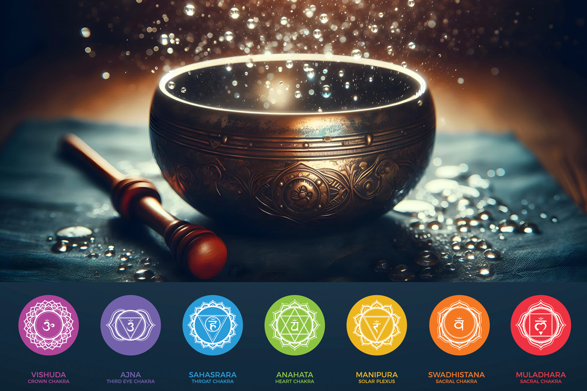A singing Bowl with water drops above it and a graphic showing the colors and symbols of the seven chakras under it.